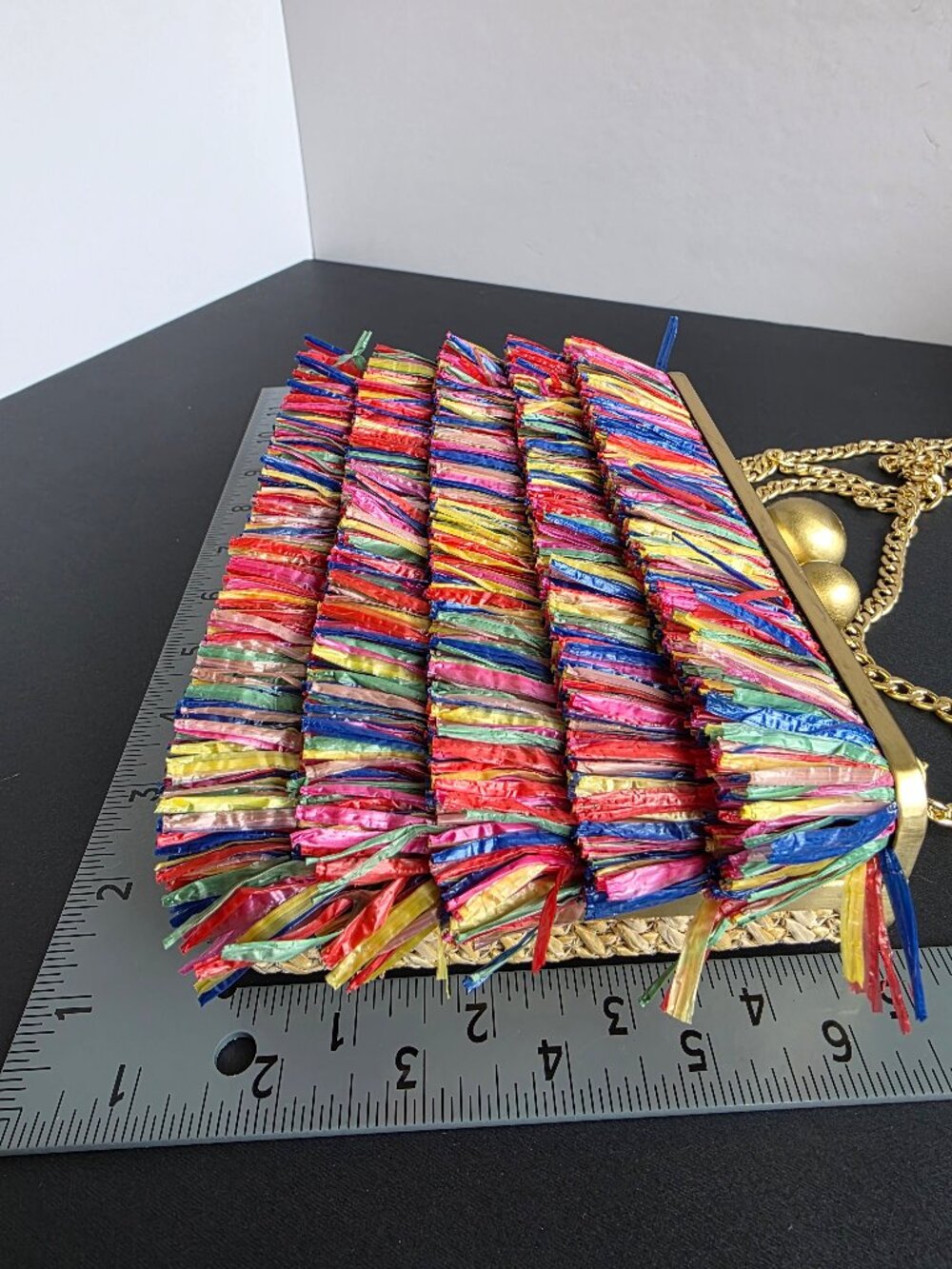 Olga Berg Carlita Carnivale Clutch Bag Multicolor Raffia Gold Frame Chain Strap - Picture 15 of 16